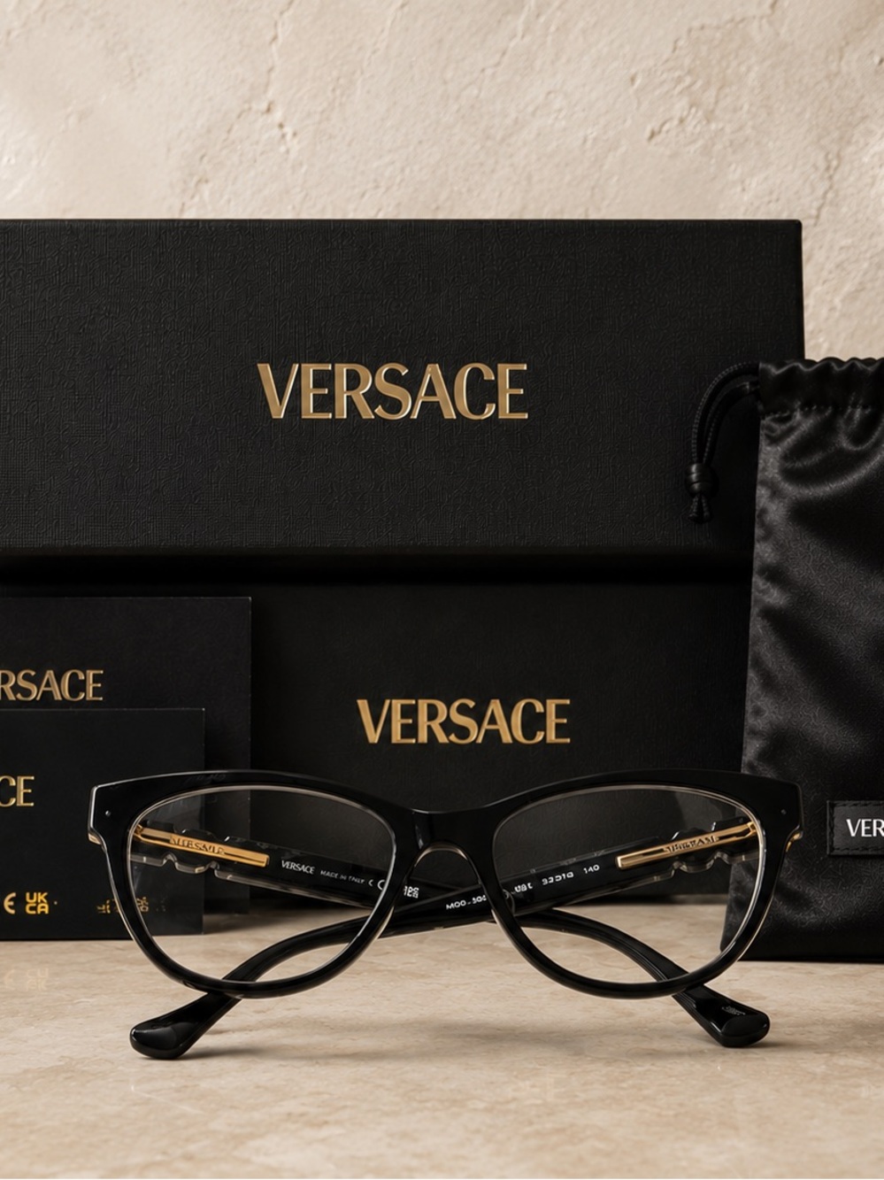 Versace MOD 3304 GB1 Black Cat Eye Eyeglass Frames 53-18-140 Full Set w/Box Case